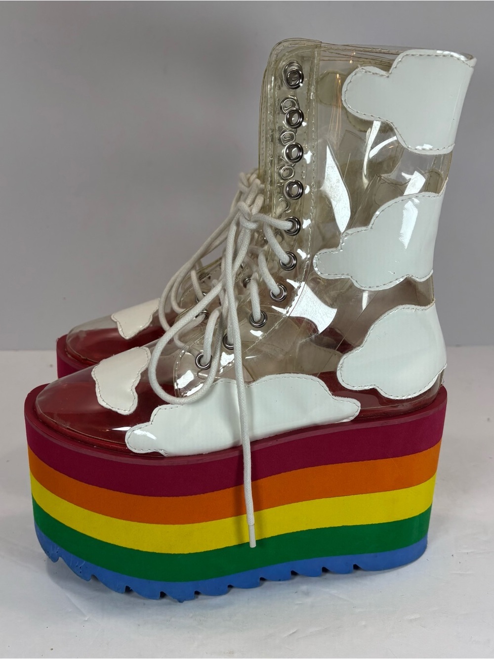 Dolls Kill Current Mood Happy Daze Rainbow Platform Clear Pride Boots Size 5 - Picture 9 of 10